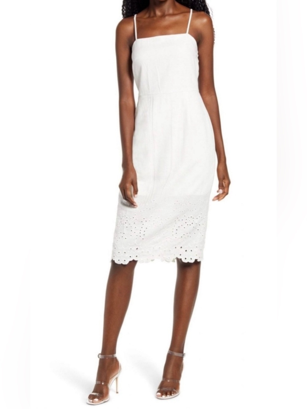 Row A White Linen-Blend Eyelet Hem Midi Dress